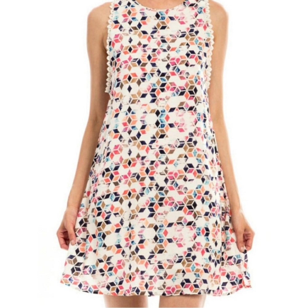 Paper Crane Geometric Print Sleeveless White Dress Size Large